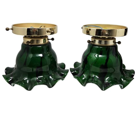 2 Vintage 70s Blown Glass Green Black Swirl Flush Mount Light Fixtures Boho - Picture 1 of 3